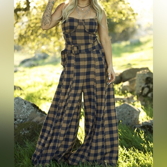 Free People Strapless Plaid Belted Jumpsuit in Navy and Tan - Picture 8 of 15